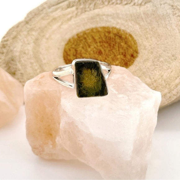 Moldavite Large Raw Natural Crystal Solid Sterling Silver Gemstone Ring